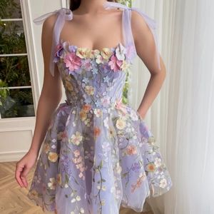 Lavender A Line 3D Flower Applique Prom Dress